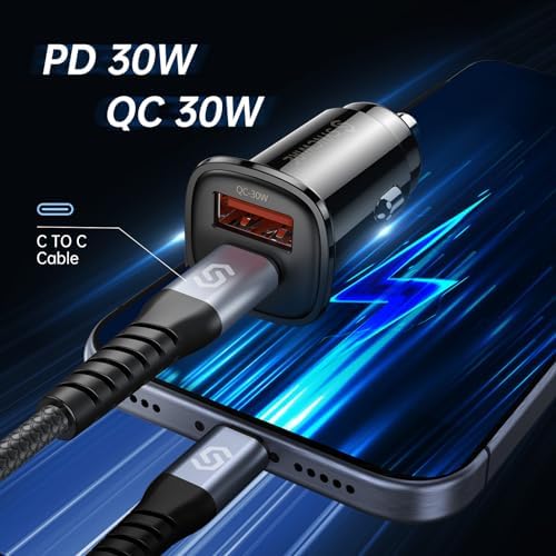 Syncwire 60 W USB C Car Charger with PD & QC Fast Charging – Ultimate Compatibility for i Phone 16, Galaxy S23/S22, Google Pixel 7/7 Pro – Includes 5 FT Coiled Type C Cable for Maximum Convenience – Compact Design with Safety Features for Reliable Power on the Go