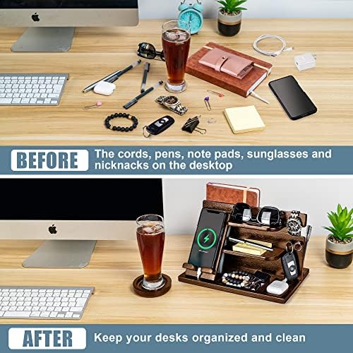 Black Wood Phone Docking Station with Drawer, Compatible with Apple Watch – Wood Charging Station Organizer Stand, Bedside Nightstand Organizer for Men, Holds, Tablet, Glasses, Keys, EDC – Enhanced Compatibility and Speed