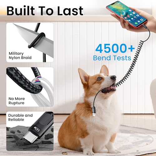 Coiled USB A to USB C 2Pack 3FT Braided Retractable Fast Charging Cable for Car, Compatible with iPhone 16/15 Pro Max/Galaxy S24/S23/S22, Supports Car Play & Android Auto-Black – Enhanced Compatibility and Speed