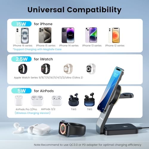 Ultimate 3-in-1 Wireless Charging Station for Apple Devices – Qi2 Certified 15 W Magnetic Fast Charger for i Phone 16/15/15 Pro/14/13/12, Apple Watch & Air Pods – Portable, Foldable Design for Efficient Charging and Minimal Clutter