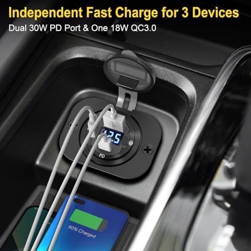 High-Speed Dual USB C Car Charger Socket 12 V Outlet – 2 Pack Aluminum Metal 78 W with 30 W PD & 18 W QC3.0 Ports, Waterproof LED Voltmeter & Power Switch for RVs, Motorcycles, and Marine Use – Ultimate Compatibility & Reliability for All Devices