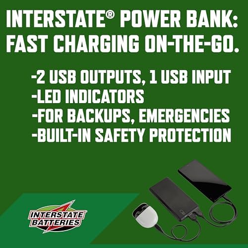 Interstate Batteries 10 K Portable Power Bank – 10,000 m Ah High-Speed Charger for Cell Phones & Electronics, Travel-Ready Dual USB Output, LED Battery Indicator, Compact Emergency Power Solution, Enhanced Compatibility for On-the-Go Charging