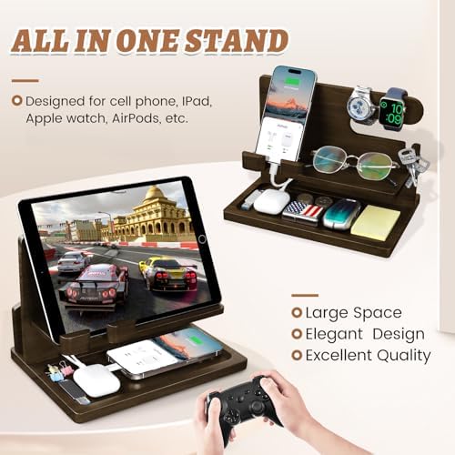 Wood Phone Docking Station – Nightstand Charging Organizer and Cell Phone Stand – Bedside Gift for Men – Enhanced Compatibility and Speed