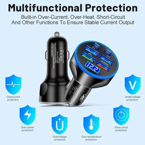 Ultra-Fast 250 W USB-C Car Charger Adapter with Voltage Display – 6-in-1 Multi-Port Solution for i Phone, Samsung Galaxy, Huawei, One Plus, Oppo, and Vivo – Efficient Charging on the Go for Tech-Savvy Drivers