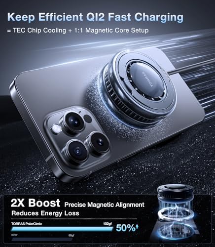 TORRAS Polar Circle Qi2 Mag-Safe Charger: Advanced 15 W Cooling Magnetic Pad for i Phone & Samsung Galaxy S25 with 360° Rotating Stand, Enhanced Charging Speed, and Integrated Semiconductor Cooling System – Ideal for Fast-Paced Lifestyles and Gaming