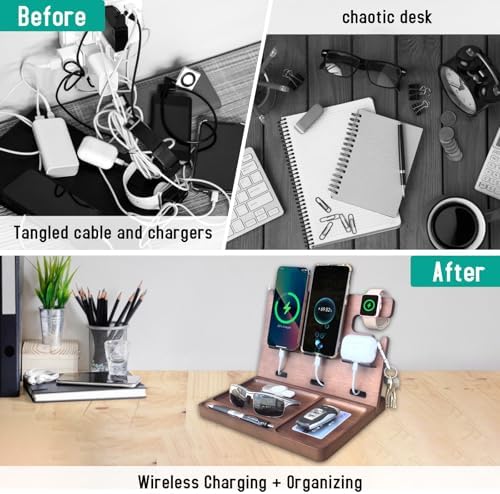 Wooden USB Charging Station for Multiple Devices – Fast Charging Dock with QC3.0 & PD 22.5 W Type-C for i Phone, Samsung, Google Android, Smartwatch, and Earbuds – Perfect Gift for Tech-Savvy Men – Stylish Organization & Enhanced Compatibility
