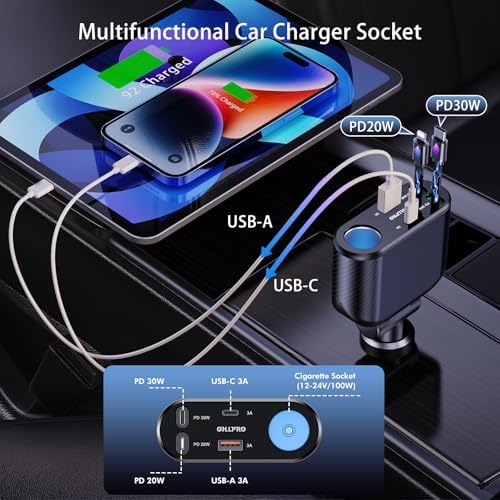 OHLPRO 168 W Retractable Car Charger Adapter – 5-in-1 Fast Charging Solution with Universal USB-C & USB i Ports, Built-in Replaceable Fuse for Enhanced Safety, Ideal for Smartphones, Tablets, GPS & More – Compact Design for Effortless Storage and Convenience