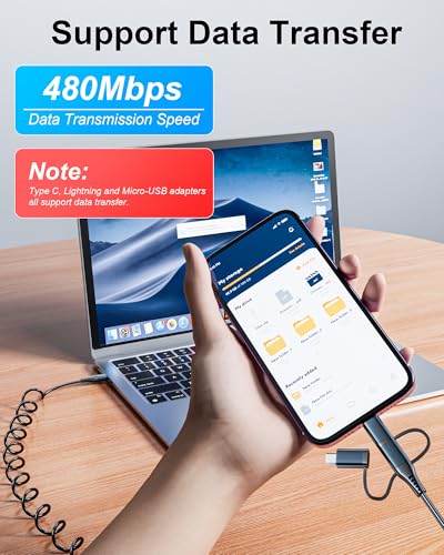 Revolutionary 4-in-1 Coiled Charging Cable: USB, USB-C & Lightning Combo for Seamless Apple Car Play & Android Auto Compatibility – 5 FT, 60 W Fast Charging Multi-Device Cord for i Phone, Samsung, i Pad, Mac Book – Tangle-Free Travel Solution