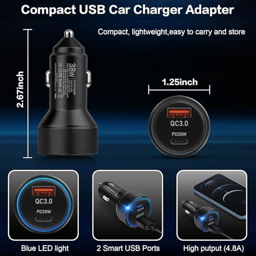 38 W Dual USB-C Car Charger | Fast Charging Multi-Port Adapter | Boxeroo 3-Pack Cigarette Lighter Charger for i Phone 16/15/14/13/12 Pro & Samsung | PD/QC 3.0 Technology for Rapid Power Delivery | Compact, Durable, and Versatile Charging Solution for Road Trips & Daily Commutes | Stay Powered On-the-Go with Enhanced Compatibility and Safety Features