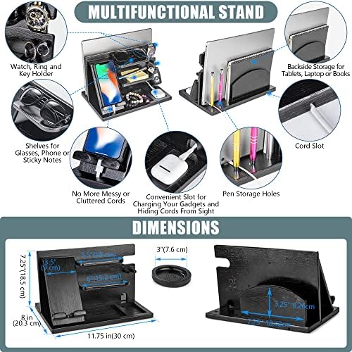 Black Wood Phone Docking Station with Drawer, Compatible with Apple Watch – Wood Charging Station Organizer Stand, Bedside Nightstand Organizer for Men, Holds, Tablet, Glasses, Keys, EDC – Enhanced Compatibility and Speed