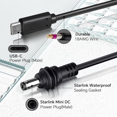 Starlink Mini Power Cable – 3 M/9.8 FT USB C to DC Power Cable with 18 AWG Copper Wire, Waterproof Design for Ultimate Durability, Compatible with 100 W+ Power Banks & 20 V PD Chargers – Fast Charging & Enhanced Connectivity Solutions for Outdoor Use