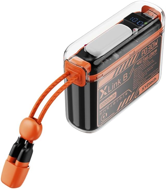 Ultimate Travel Companion: X Link B 10,000 m Ah Power Bank with Dual USB-C & Lightning Cables, Fast Charging, Flashlight Feature, i Phone & Samsung Compatible, Sleek Orange Design for On-the-Go Power