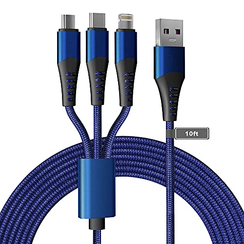 Ultimate 3 in 1 USB Long Charger Cable – 3 M/10 FT Braided Fast Charging Cord with Universal USB C, Micro USB & Lightning Connectors – 6 A Power Delivery for Rapid Device Charging – Durable & Tangle-Free Multi-Device Charging Solution