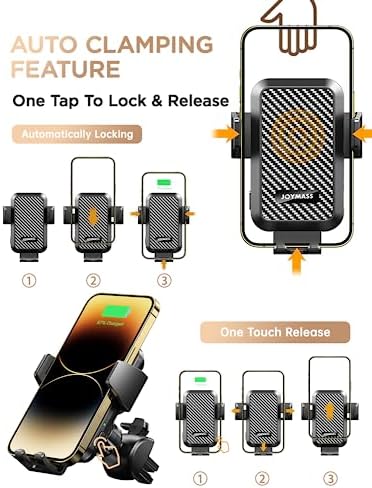 Effortless On-the-Go Power: JOYMASS 15 W Fast Wireless Car Charger with Auto Clamping Mount – Perfect for i Phone 15 through 12 Mini, Samsung Galaxy S23 Ultra, and Note 20 – Secure Vent Holder for Ultimate Convenience and Hands-Free Navigation