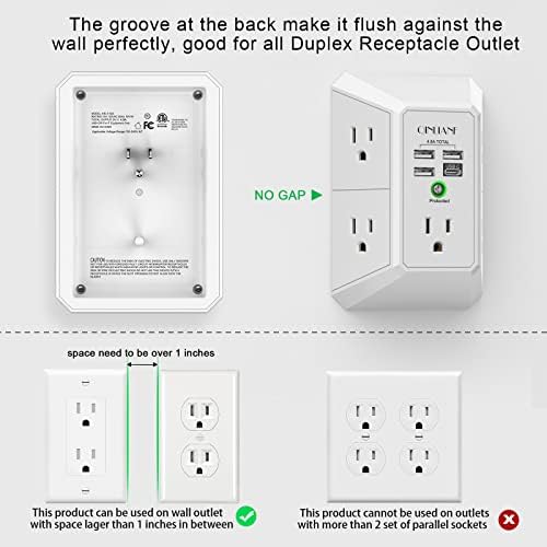 QINLIANF 5-Outlet USB Wall Charger with Surge Protection – 4 USB Ports (4.8 A Total) Power Strip Extender, 3-Sided Design for Easy Access, 1680 J Surge Defense, Compact Multi-Plug Adapter for Home, Travel, and Office Use – Elevate Your Charging Experience with Versatile Compatibility and Safety