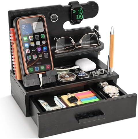 TESLYAR Wood Phone Docking Station with Drawer – Nightstand Organizer – Desk Organizer for Husband – Birthday Gifts for Men, Dad, Anniversary Idea, Key Holder Stand Watch & Accessories (Bourbon Brown) – Enhanced Compatibility and Speed