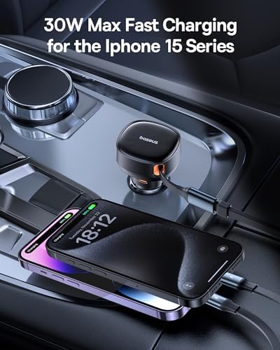 Baseus 33 W Retractable Dual USB-C Car Charger – Fast Charge Your Samsung Galaxy & Tablets on the Go, Sleek Black Design, Compact & Portable, Enhanced Safety Features for Effortless Travel Power Solutions