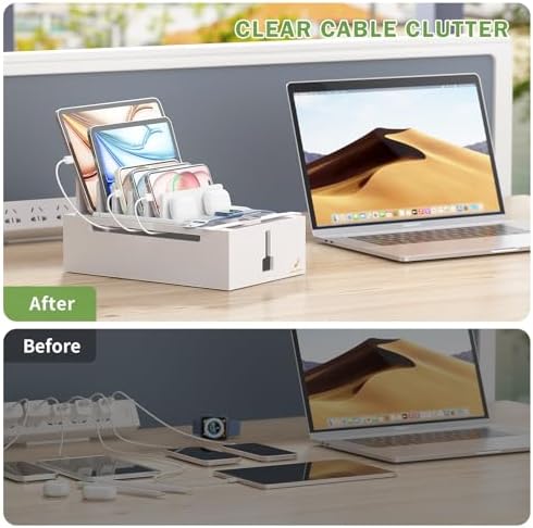 Pezin & Hulin Eco-Friendly Bamboo Charging Station – 10-Port USB Dock Organizer with 6 Cables, Enhanced Power Supply & Cable Management for Multi-Device Charging, Sleek Natural and Black Design for Homes and Offices