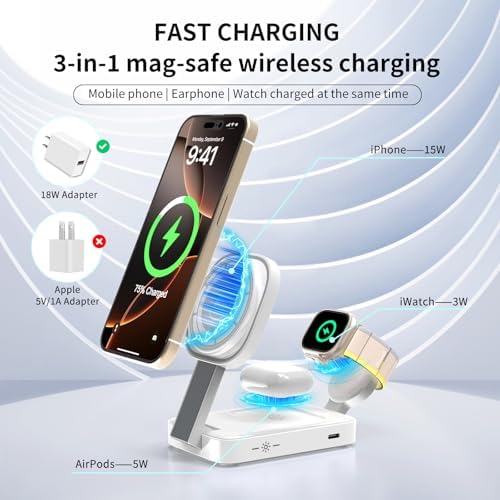 Revolutionize Your Charging Routine with the 3-in-1 Magnetic Wireless Charger Station for Apple Devices – Foldable Design, Integrated Night Lamp, and Mag Safe Compatibility for i Phone 16/16 Pro/16 Pro Max/15/14/13/12, Air Pods, and Apple Watch (Sleek Black Finish) – Ultimate Convenience and Enhanced Speed for Modern Users