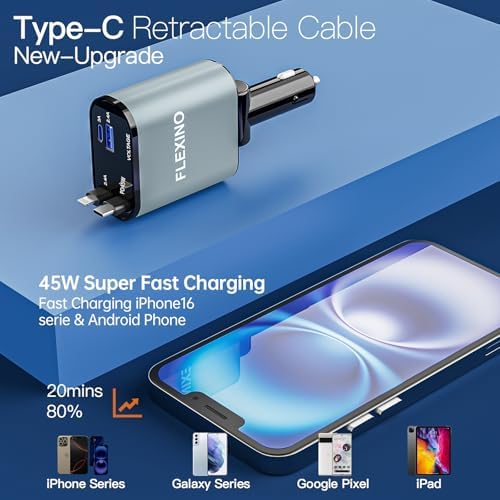 Flexino 69 W Retractable Car Charger for i Phone 16 & Galaxy – Dual USB-C Fast Charging Adapter with 2.6 ft Cords for Seamless Road Power – Compact, Stylish, and Versatile Car Charger Accessory for All Devices
