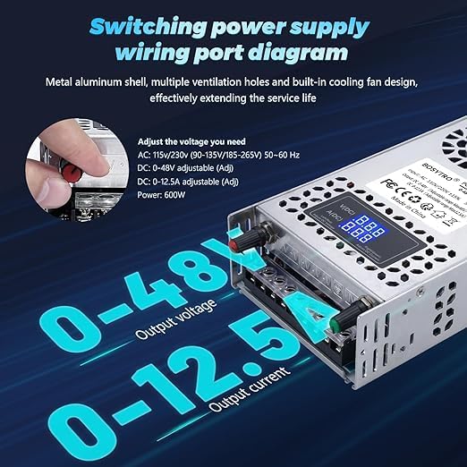 High-Performance 600 W Adjustable 24 V DC Power Supply with LED Display – Ultimate Versatile Switching Converter for 3 D Printers, CCTV Systems, and Lab Equipment – Dual Input (AC 110 V/220 V) with Multiple Output Options (5 V, 10 V, 12 V, 24 V) for Enhanced Compatibility and Efficiency