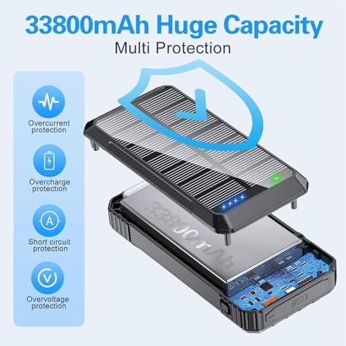High-Capacity 33800 m Ah Solar Power Bank with 4 Built-in Cables – 22.5 W Fast Charging, 7 Outputs & 4 Inputs, Integrated Compass & SOS Features for Outdoor Adventures – Rugged Portable Charger with Strong Flashlight for Emergency Preparedness