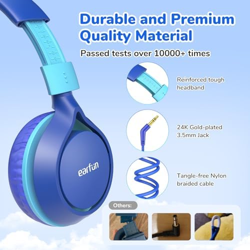 Ear Fun S1 Kids Headphones – Safe 85 d B Volume-Limited Wired Headphones with Adjustable Headband | Foldable Lightweight On-Ear Design in Vibrant Blue & Pink | Ideal for School, Travel, and Everyday Listening | Exceptional Stereo Sound for Young Ears
