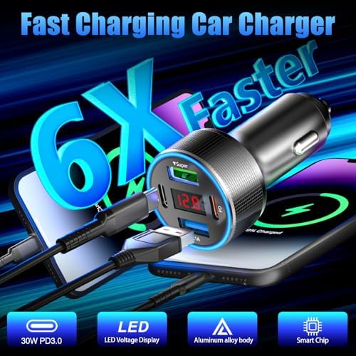 High-Power 78 W Dual USB-C Car Charger Adapter – 4-Port Fast Charging Hub for i Phone 16/15/14/13/12, i Pad, Samsung Galaxy & Android Devices (Black, 2-Pack) – Ultimate On-the-Go Charging Solution for Families and Road Trips