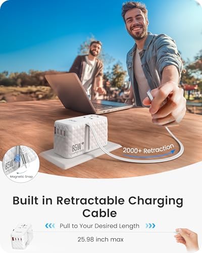 85 W Universal Travel Power Adapter with Retractable USB-C Cable – Optimal Fast Charging Hub for Global Use, Featuring 4 Ports for Seamless Connectivity in US, EU, UK & Beyond, Engineered for On-the-Go Professionals Seeking Efficiency and Versatility