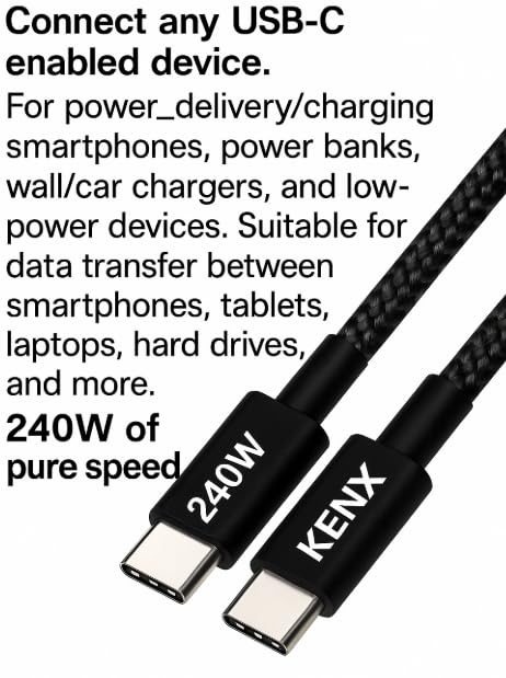 KENX USB-C 240 W Fast Charging Cable – PD 3.1 Certified, 6.6 ft Durable Nylon Braided Design for Rapid Charging & Data Transfer – Compatible with Mac Book, i Phone 15/16 Pro, Steam Deck, Android, Dell & Lenovo – Ultimate Versatility & Reliability