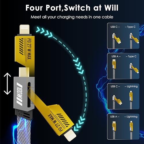 Elevate Your Charging Experience: 4-in-1 Fast Charging Cable Set – 2-Pack 6 FT Nylon Braided Cords with Lightning, USB C & USB A Ports for Superior Compatibility and 100 W Power Delivery – Perfect for i Phone, i Pad, and More – Tangle-Free Durability with 480 Mbps Data Transfer Speed