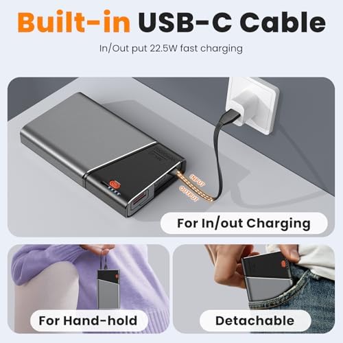 Lightning-Fast 22.5 W Portable Power Bank – 20,000 m Ah Aerospace Metal Charger with Detachable USB-C Cable & TSA Compliance – Ideal Travel Companion for i Phone 16, Samsung S24, and More – Superior Durability & Rapid Charging with 3-Year Guarantee