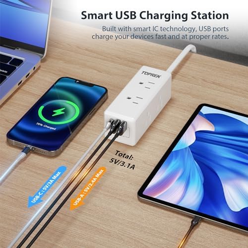 Universal European Travel Plug Adapter with USB-C – TOPREK 9-in-1 Power Strip for US to Europe with 6 Outlets & 3 USB Ports, 3 FT Extension Cord for Seamless Charging in Germany, France, Spain, Greece, and More – Ideal for Hotel and Airport Use