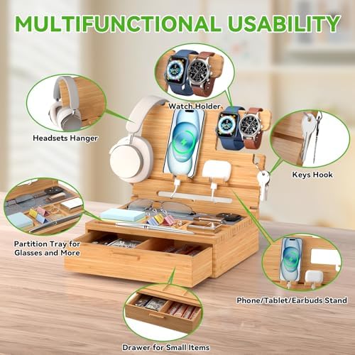 Pezin & Hulin Wooden Nightstand Organizer, Ideal Gifts for Men, Desktop Bamboo Phone Docking Station Box, with Large Drawer, Multi-Device Charging Stand, for Birthday Son Boyfriend Him -Natural – Enhanced Compatibility and Speed