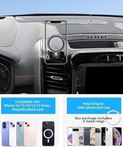 Magnetism Dodge Ram 1500/2500/3500 Phone Holder – Mag-Safe Compatible Hands-Free Car Mount with 360-Degree Rotation for Optimal Viewing – Adjustable Magnetic Cell Phone Accessory Preserving Air Vent Functionality for Safe Driving and Navigation