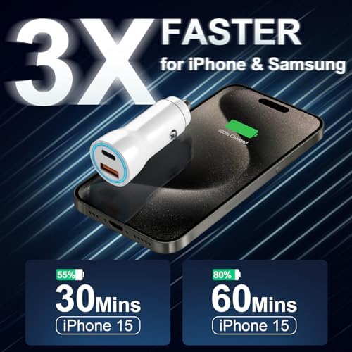 MFi Certified Apple i Phone 16 & 15 Car Charger – 43 W USB-C Fast Charging Adapter with 3.3 FT Cable for Pro, Max & Plus Models – Dual Port PD & QC 3.0 Technology for Ultimate Charging Efficiency on the Go