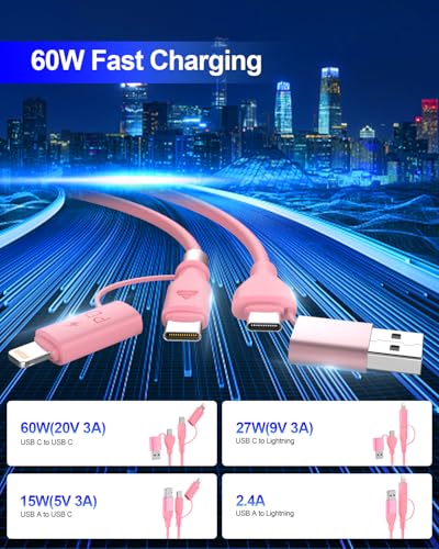Versatile 4-in-1 Coiled USB C and Lightning Cable for i Phone 15 and 16 – 3 FT Fast Charging Car Charger Cord with 60 W Power Output, Stylish Pink Design, Compatible with Car Play and Android Auto for Ultimate Convenience and Enhanced Connectivity
