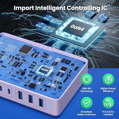 Revolutionary 300 W Ga N IV Technology USB-C Charging Hub – 8-Port Multi-Device Charger for Mac Book Pro/Air, DELL Laptops, i Phone 16/15/14 & Galaxy S25 – Sleek Navy Finish for Enhanced Home & Office Efficiency – Your Premier Solution for Rapid Device Power and Seamless Connectivity