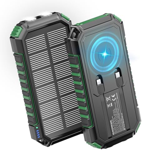 Riapow 27,000 m Ah Solar Power Bank – Ultra-Fast 22.5 W Wireless Charger with Built-in Cables for 6 Devices, Ideal for Outdoor Adventures and Emergency Power Needs – Charge i Phone 16 to 65% in 30 Minutes with High-Capacity Battery and Efficient PD 3.0 Technology – Stay Connected Anywhere, Anytime