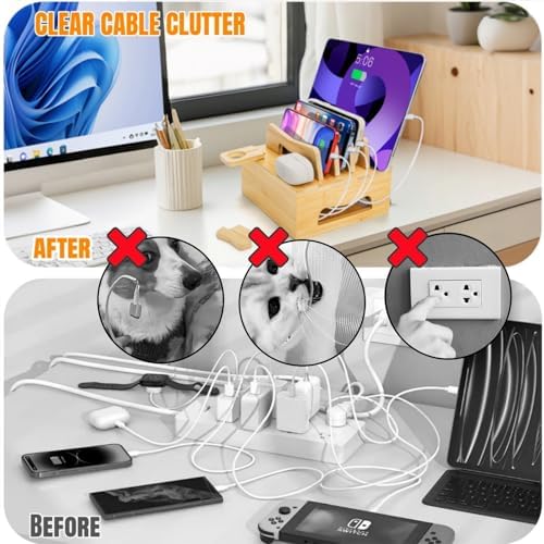 Eco-Friendly Bamboo Multi-Device Charging Station – Versatile Desktop Dock for Smartphones, Tablets, and Smartwatches with Customizable Dividers and Fast Charging Ports for Efficient Cable Management and Stylish Organization