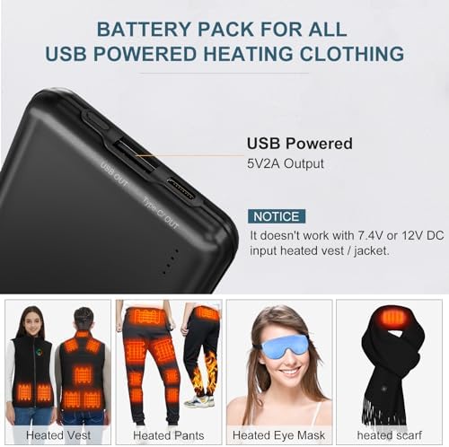 KOVNLO 10,000 m Ah Ultra-Thin Battery Pack for Heated Vests – High-Speed USB-C Power Bank for Heated Apparel, i Phone & Android Devices – Lightweight & Durable Portable Charger for All Your Cold Weather Needs