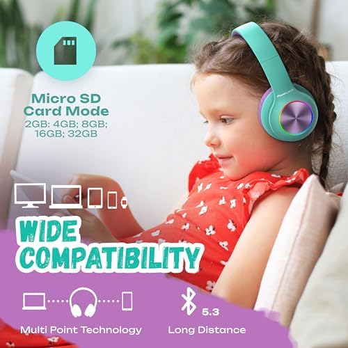Vibrant Power Locus PLED Kids Bluetooth Headphones – Safe Volume Control (74/85/94 d B), Fun LED Lights, Hi-Fi Sound, Built-in Microphone & Multi-Connectivity for Travel, Learning & Play – Perfect Over-Ear Design for Children