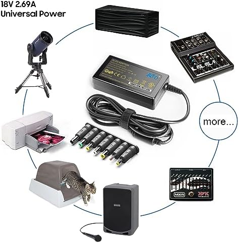 Universal 18 V AC Power Adapter with 7 Interchangeable Tips – 2.69 A High-Speed Charger for Multi-Device Compatibility Including Soundbars, Printers, and Cricut Machines – UL/CE/FCC Certified for Enhanced Safety and Reliability – Versatile Barrel DC Plug (5.5 x2.1 mm) with Global Input Voltage (100-240 V) for Seamless Use Anywhere – Ideal Replacement for Original Chargers and Power Supplies – 36 Months Warranty for Peace of Mind