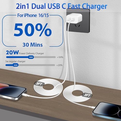 Revolutionize Your Charging Routine: Dual-Port Fast Wall Charger Set for i Phone 16 & 15 – Includes 6 FT USB C to C Cable – Rapid Power Delivery for i Pad Pro and More – Safety-First Design for Worry-Free Use – Ideal for Family and Travel Charging Needs