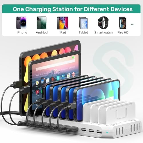 Ultimate 10-Port USB Charging Station with QC3.0 – 60 W Multi Charger Hub for Tablets & Smartphones, Customizable Dividers for Organized Power Management, Fast Charging Technology for Home & Office Use