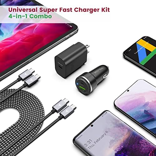 VELOGK 25 W PD PPS Super Fast USB-C Charging Kit: High-Speed Wall & Car Charger for Samsung Galaxy S25/S24/S23 Ultra/S23+/S23/S22/S21/S20/Plus/Note 20 & i Pad Pro – Includes 2 Durable 3.3 ft Nylon C-to-C Cables for Optimal Performance and Safety