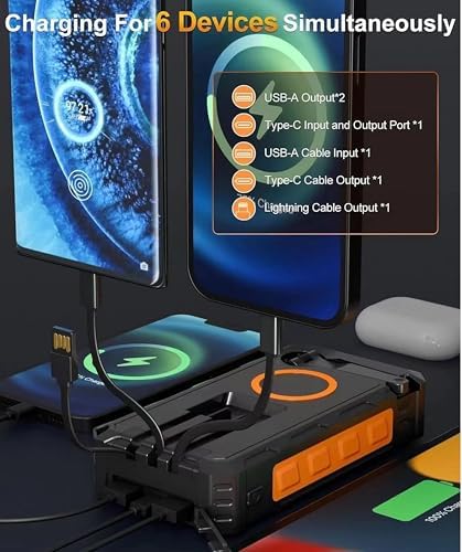 Ultimate MQOUNY 36,000 m Ah Solar Power Bank with Hand Crank & Fast Wireless Charging – Portable Outdoor Battery Pack with 6 Outputs, 4 Inputs, Flashlight & Compass for Adventurers and Emergency Preparedness