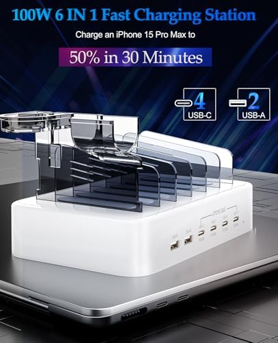Ultimate 100 W Multi-Device Charging Station – Fast USB-C Dock for i Phones, Androids, i Pads, Kindles & Smartwatches – Sleek Organizer with Intelligent Charging for Home & Office Efficiency