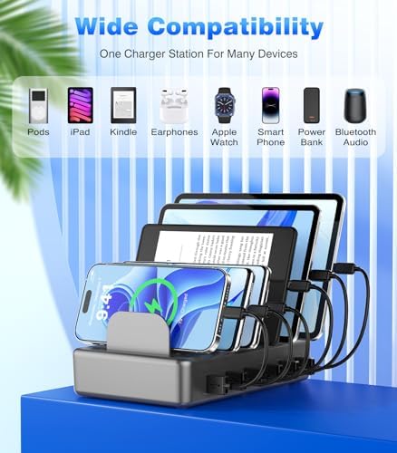 Ultimate 50 W Multi-Device Charging Station with 6 USB Ports & Cables – Space Gray Fast Charging Dock for i Phone, i Pad, Kindle, and More | Efficient Power Hub for Home, Office & Travel – Compact Design with Safety Features