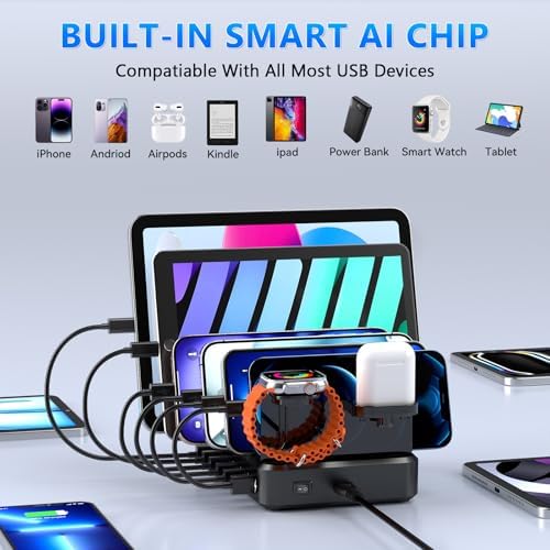 Sleek 6-Port USB Fast Charging Station with 60 W Output & 7 Versatile Cables – Essential Multi-Device Charger for i Phone, i Pad, Tablets, and Kindles – Ultimate Home and Office Organization Solution for Effortless Charging and Efficiency